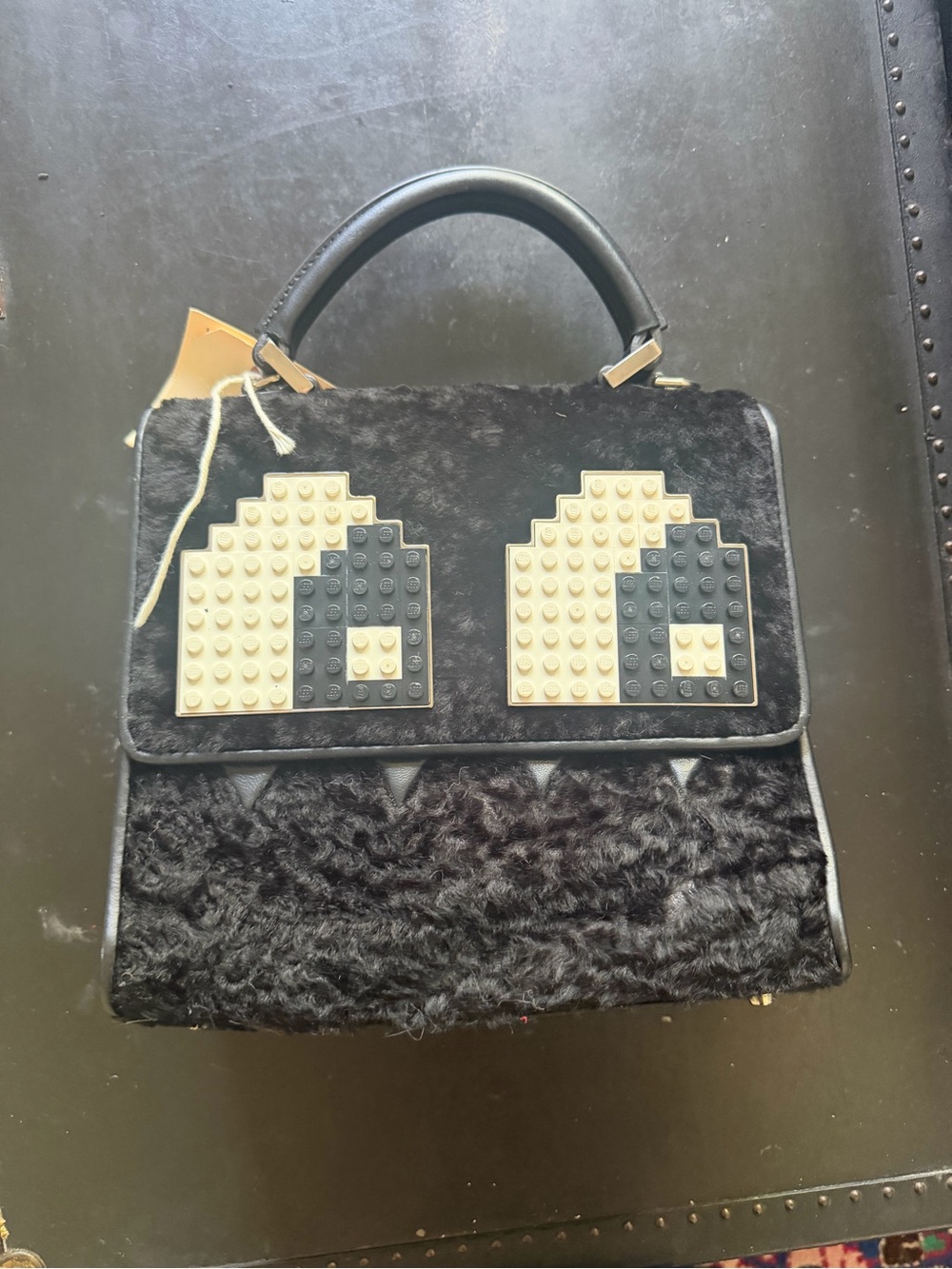 Black Faux Fur Top-Handle Satchel with Beige Stud Panel Detail